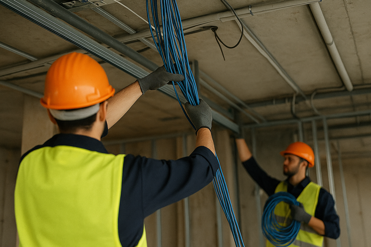 Technicians installing data cabling in new construction. Subcontracting Divisions 27 and 28