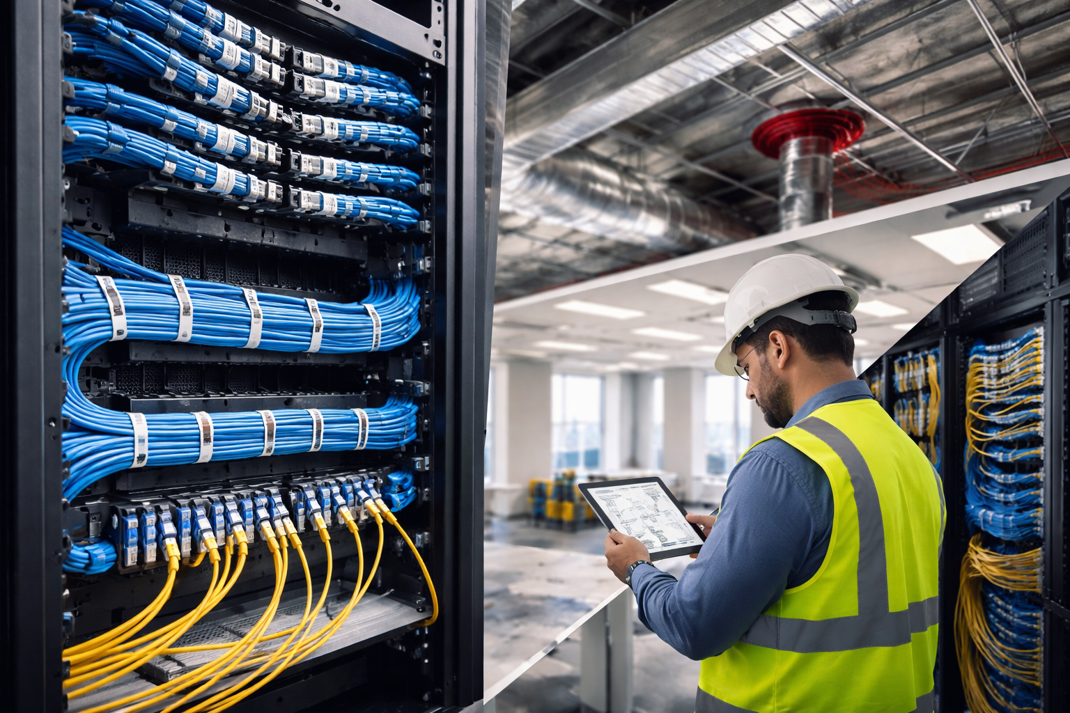 Image shows a low-voltage technician near a cabling rack.